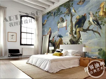 Custom seinamaaling retro puu raisakotkas kassikakk lind kohtumine õlimaal loominguline lill loomade televisiooni taustal home decor