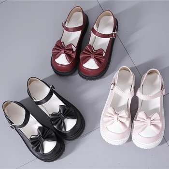 Jaapani Lolita paksu põhjaga naiste kingad armas bowknot ümmargune pea nukk kingad korter põhja pehme õde nahast kingad kawaii kingad
