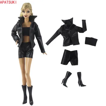 Must Nahk Nuku Riided Barbie Rõivad Mood Lühike Mantel, Jope, Lühikesed Püksid Top Saapad Komplekt Barbie 1/6 Nukud, Aksessuaarid