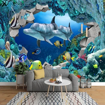 Custom isekleepuvad Wallpaper HD Veealuse Maailma Laste Paradiis Akvaariumi Dolphin Seinamaaling Lapsed Magamistuba Veekindel 3D Kleebis