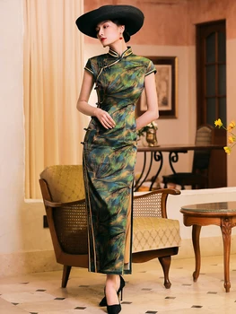Hiina Kleit Naine Cyan Pluss Suured Qipao Reaalne Silk Cheongsam Pikk Cheongsam Kleit Traditsiooniline Retro Qipao Oriental Kleit