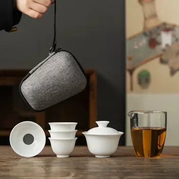 Hiina Valge Portselan Reisi Kung Fu Tee Set Kata Kauss Teacup Klaas Crack Cup Kaasaskantav Kott Tee Komplekt Keraamiline Tee Set Teaware 0