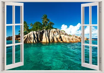 Ilus troopiline saar ranna seina kleebised 3D-akna decor, rand eemaldatav seina vinüül decal decor, suur seina kunst magamistuba d
