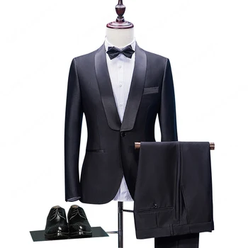 Kohandatud Üks Nupp Must Peigmees Tuxedos Slim Fit Kohandatud Ülikond Salli Pits Rinnamikrofon Pulm Sobib Meestele (Jope+Püksid+Vibu)