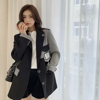 Korea Segast Ruuduline Vabaaja Bleiser Naiste Mood Office Lady Rinnamikrofon Pikad Varrukad Nuppu All, Ülikonnad, Mantlid Outwear Tops