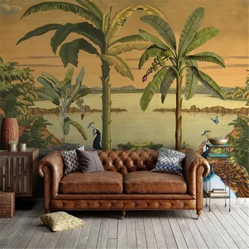 Milofi custom suur tapeet Euroopa aia-käsitsi maalitud keskaegse troopiline džungel paabulind taust seina värvimine