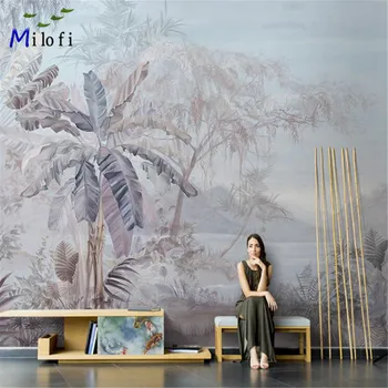 Milofi Kagu-Aasia käsitsi maalitud banana leaf isiksuse seinamaaling TV taust seina paber, elutoas diivan kohandatud seinakattetööd