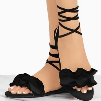 Seksikas Pits Üles Naine Suve Sandaalid Risti-Seotud Gladiaator Zapatos Mujer Sapato Naised, Daamid Korterid Vabaaja Jalatsid Beach Ruffle Lill