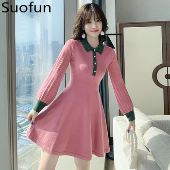 Suofun-line Magus Pikk Varrukas, Slim 2021 Uus Mood Naiste Temperament Väike Peter Pan Krae Spring Pink Lady Mini Kleit