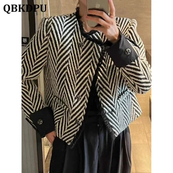 Vintage Triip Disain Tweed Kärbitud Jakk Naiste Korea Erisoodustuse Villase Jutustama Lühike Mantel Elegantne Šikk Luksus Chaquetas Mujer 2022