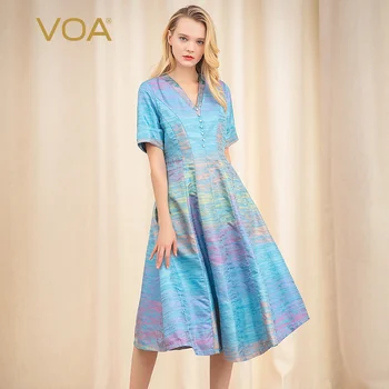VOA Suvel Naiste Kleit 2021 Pearl Pannal Jacquard Silk Plisseeritud Kleit V Kaelus Kõrge Vöökoht Sale Lühikesed Varrukad peokleidid A171