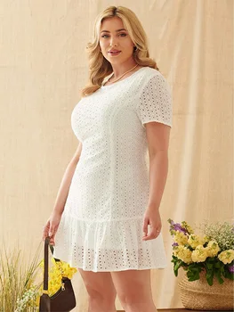 2022 Suvel Suur Suurus Casual Kleit Naistele O Kael Lühike Varrukas Seest Õõnes Läbi Valge Ruffles Mini Kleit Pluss Suurus Naiste Rõivad 1