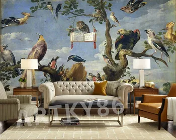 Custom seinamaaling retro puu raisakotkas kassikakk lind kohtumine õlimaal loominguline lill loomade televisiooni taustal home decor 1