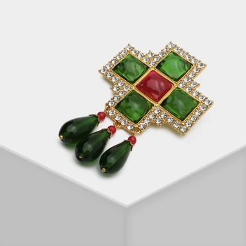 JBJD Vinage Rhinestone Ehted Stiliseeritud Risti Klaasi Tilk Sõle Emerald Värvi Pross Kingitus 1