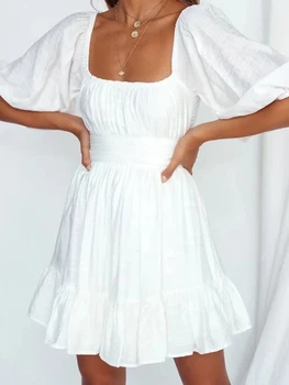 Valge Boho Chic Mini-Kleidid Naistele 2022 Kõrge Vöökoht Olkaimeton Bowknot Beach Sundress Lühikesed Varrukad Bohemian Suvine Kleit 1