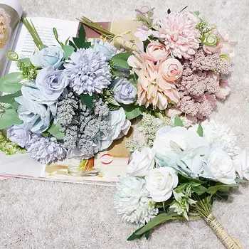 Silk Kunstlik Hydrangea Lilled Pulm Pruut Holding Romantiline Võltsitud Lille Kimp Pool DIY Õie Kodu Aia Kaunistamiseks 3