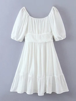 Valge Boho Chic Mini-Kleidid Naistele 2022 Kõrge Vöökoht Olkaimeton Bowknot Beach Sundress Lühikesed Varrukad Bohemian Suvine Kleit 3