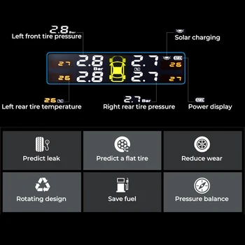 Smart Auto TPMS rehvirõhu Jälgimise Süsteem Solar Power Digitaalne TMPS LCD Ekraan, USB-Auto Turvalisus Alarm rehvirõhu Andur 5